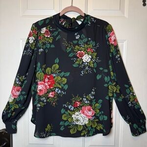 LOFT Floral Bouquet Tie Back Blouse Sz M Long Sleeve Floral Pullover